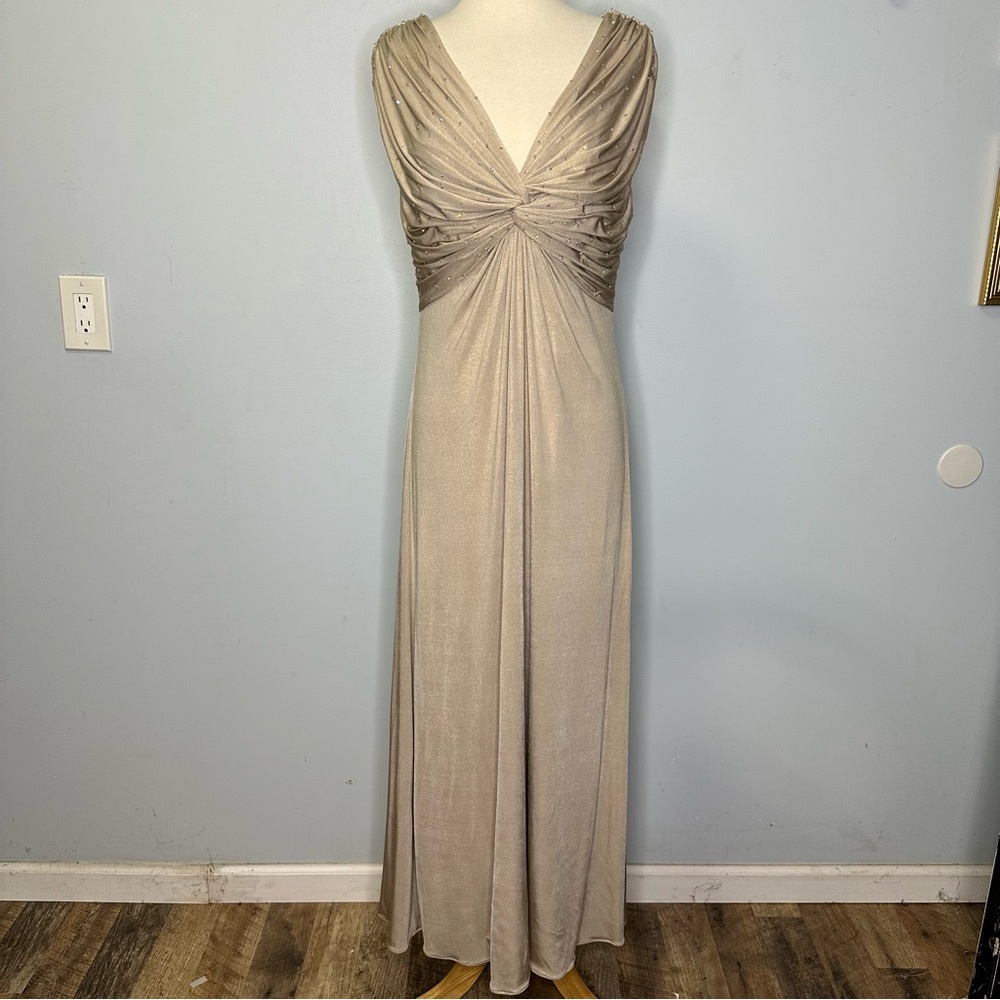 Tadashi Collection Gold Shimmery Rhinestone Stretch Draping Sleeves Maxi Dress L